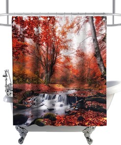 Mystical Fog Shower Curtain - Red Orange Maple Leaves Tree Autumn Forest Scene