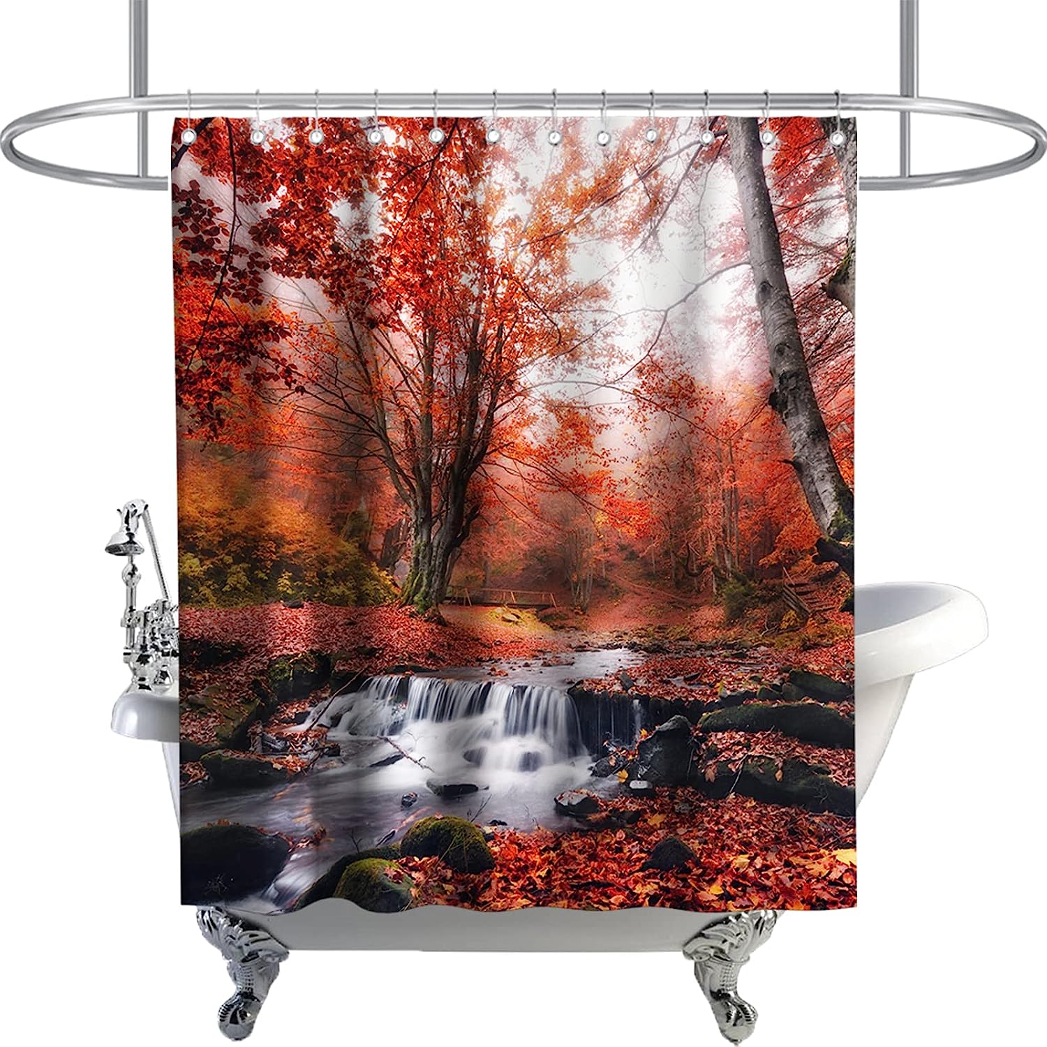 Mystical Fog Shower Curtain - Red Orange Maple Leaves Tree Autumn Forest Scene