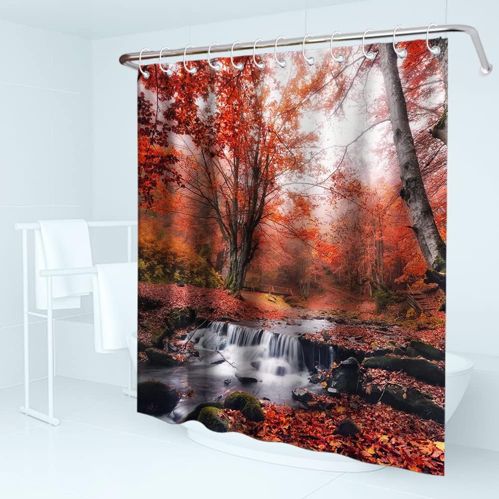 Mystical Fog Shower Curtain - Red Orange Maple Leaves Tree Autumn Forest Scene - Image 2