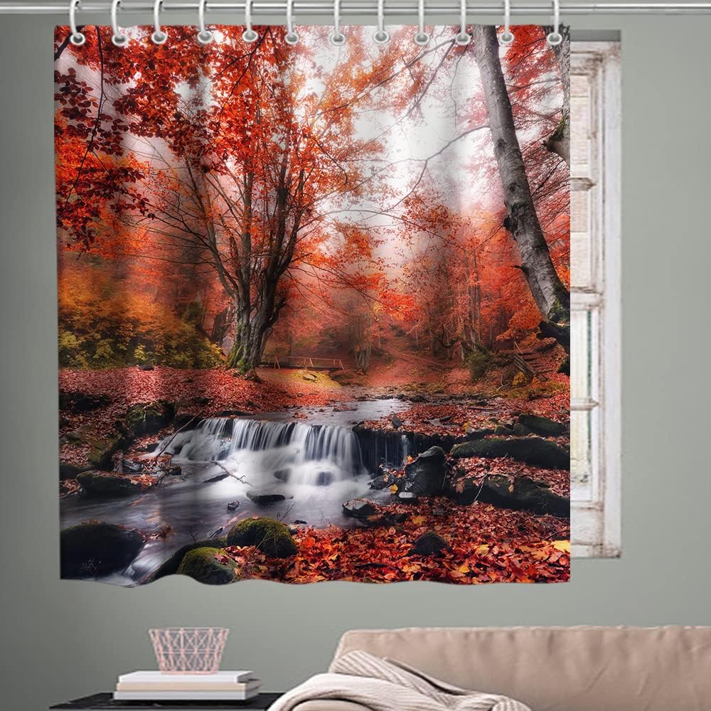 Mystical Fog Shower Curtain - Red Orange Maple Leaves Tree Autumn Forest Scene - Image 3