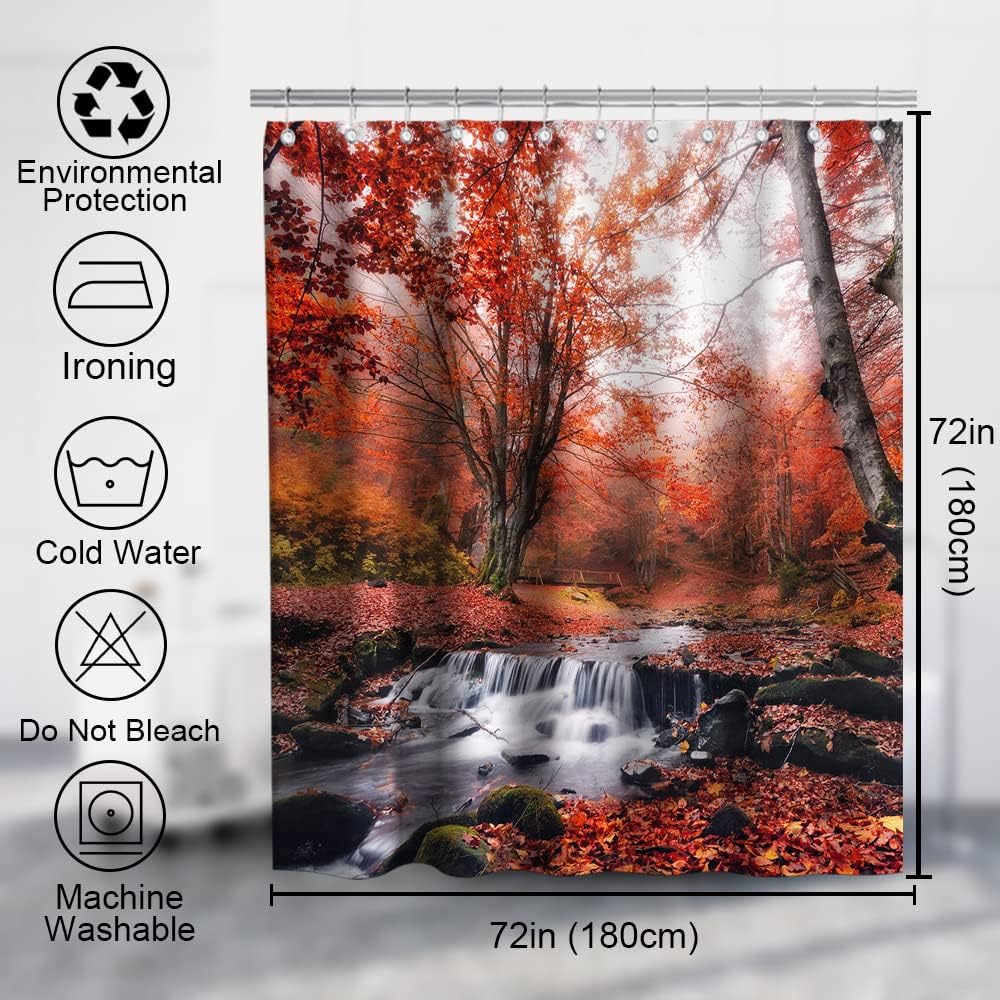 Mystical Fog Shower Curtain - Red Orange Maple Leaves Tree Autumn Forest Scene - Image 4
