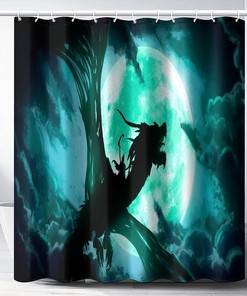 Mystical Green Dragon And Moon Shower Curtain, Waterproof Fabric Bathroom Decor With Gothic Print