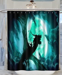 Mystical Green Dragon And Moon Shower Curtain, Waterproof Fabric Bathroom Decor With Gothic Print