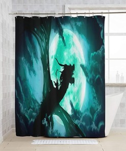 Mystical Green Dragon And Moon Shower Curtain, Waterproof Fabric Bathroom Decor With Gothic Print
