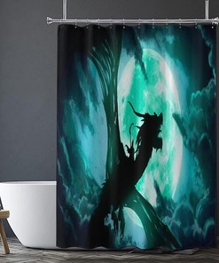 Mystical Green Dragon And Moon Shower Curtain, Waterproof Fabric Bathroom Decor With Gothic Print