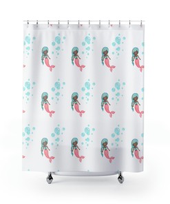 Mystical Mermaid and Dolphin Print Shower Curtain for Girls Bathroom