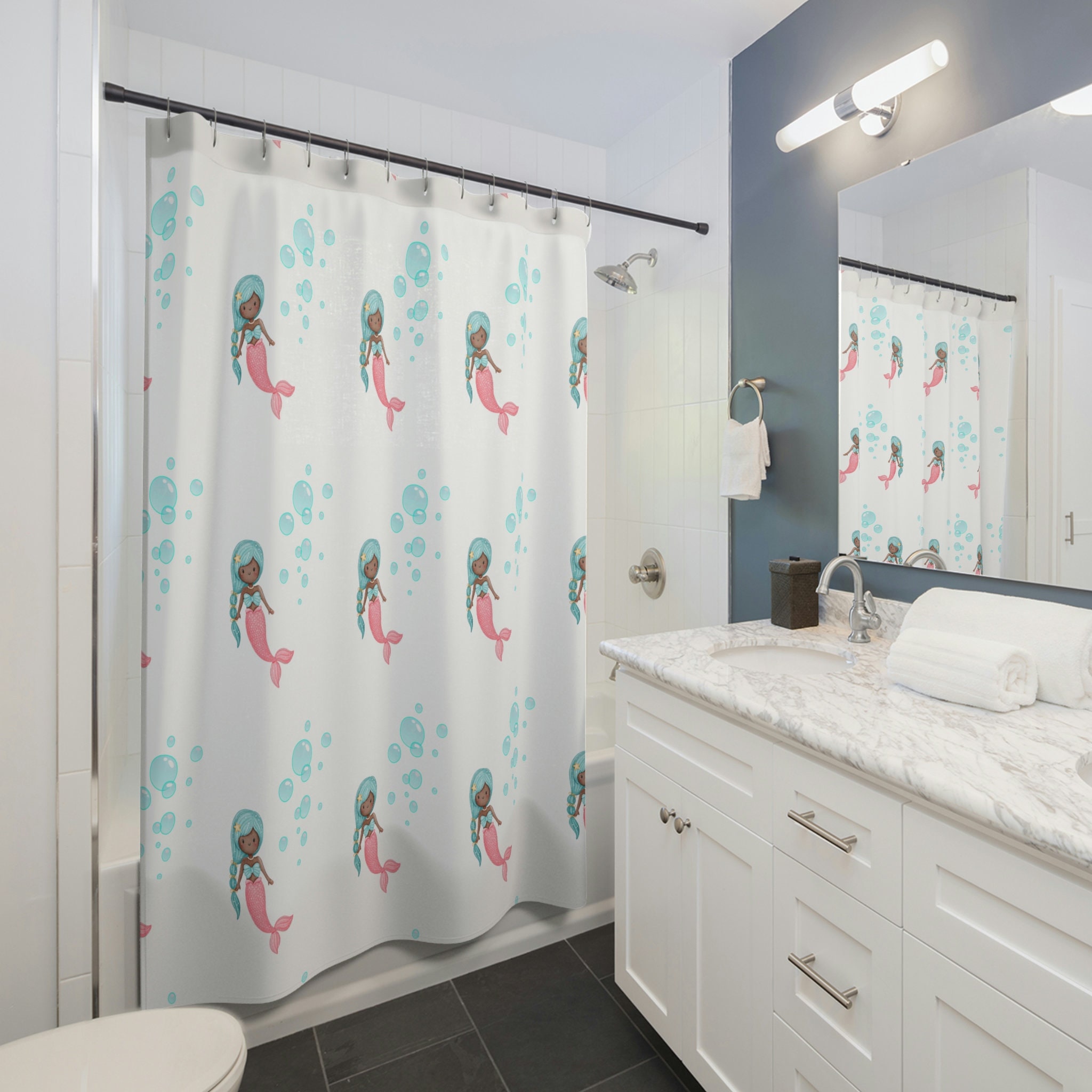 Mystical Mermaid and Dolphin Print Shower Curtain for Girls Bathroom