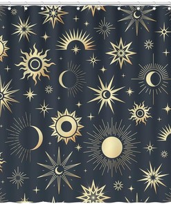 Mystical Sun Moon Shower Curtain, Gold Galaxy Space Fabric For Home Bathroom Decor