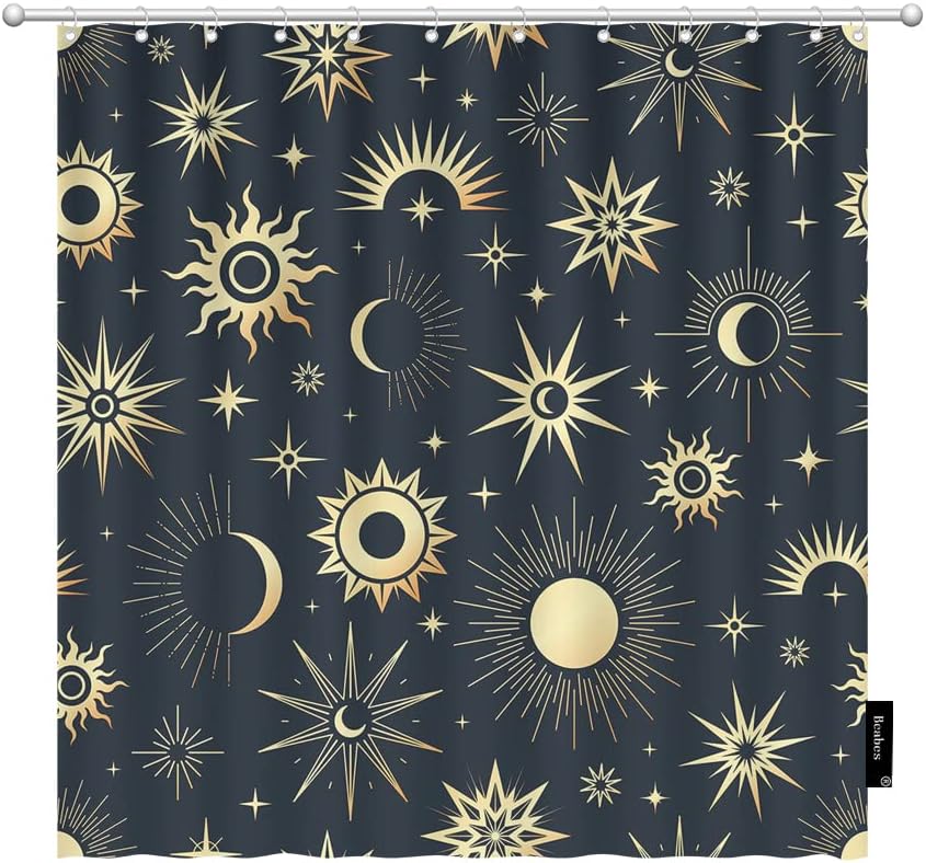 Mystical Sun Moon Shower Curtain, Gold Galaxy Space Fabric For Home Bathroom Decor