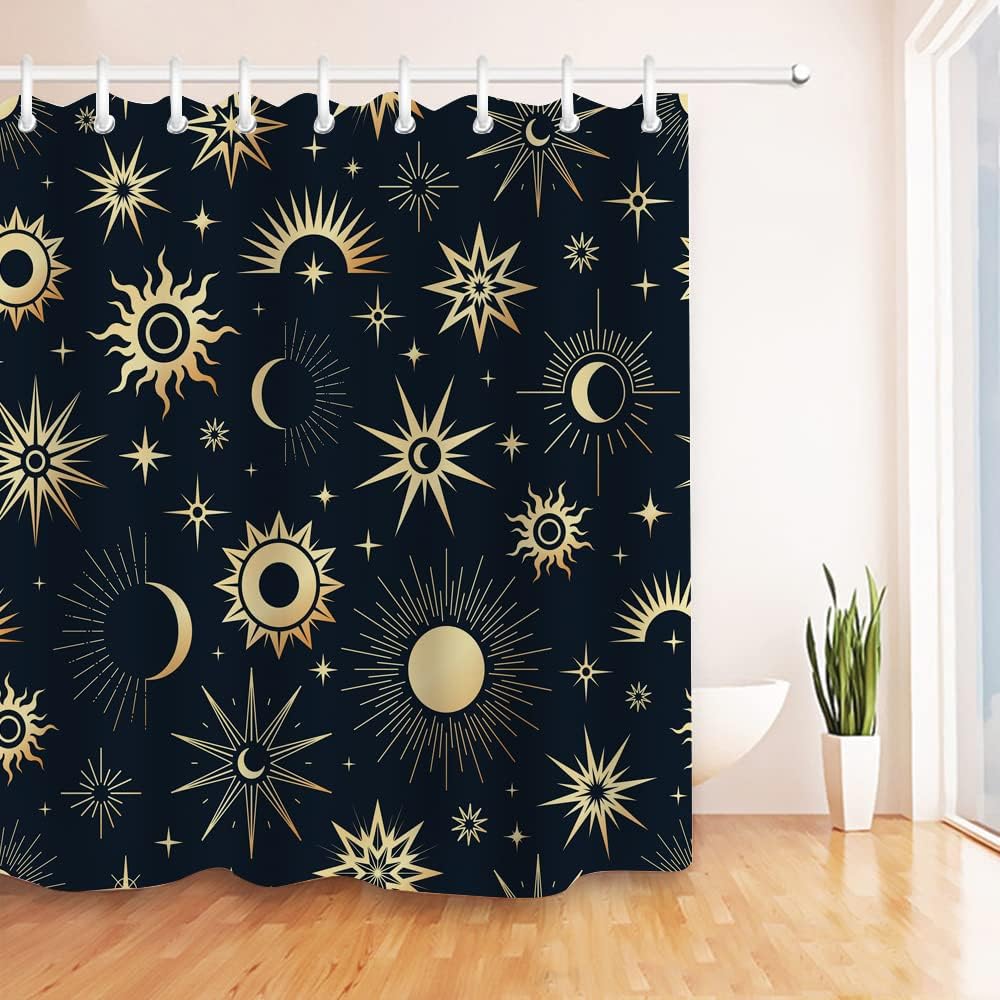 Mystical Sun Moon Shower Curtain, Gold Galaxy Space Fabric For Home Bathroom Decor - Image 2