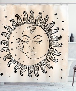 Mystical Sun and Moon Fabric Shower Curtain, Durable and Washable Sketch Bathroom Decor