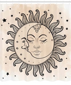 Mystical Sun and Moon Fabric Shower Curtain, Durable and Washable Sketch Bathroom Decor