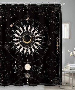 Mystical Zodiac Constellation Astrology Shower Curtain with Modern Ouji Moon Phase Celestial Print