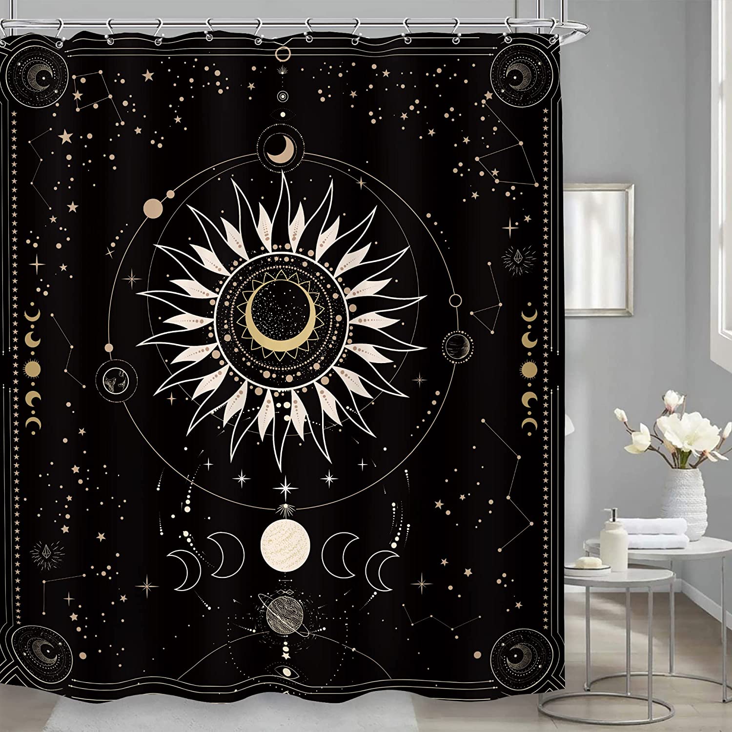Mystical Zodiac Constellation Astrology Shower Curtain with Modern Ouji Moon Phase Celestial Print