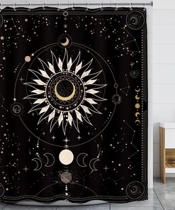 Mystical Zodiac Constellation Astrology Shower Curtain with Modern Ouji Moon Phase Celestial Print
