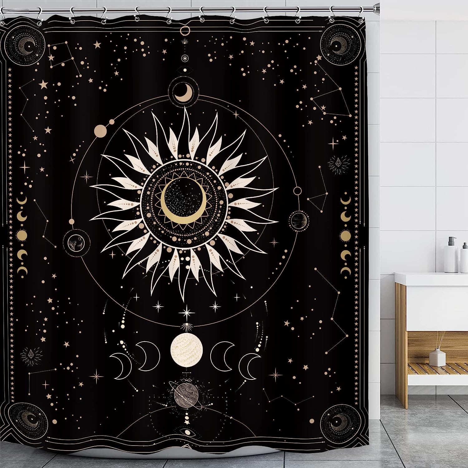 Mystical Zodiac Constellation Astrology Shower Curtain with Modern Ouji Moon Phase Celestial Print
