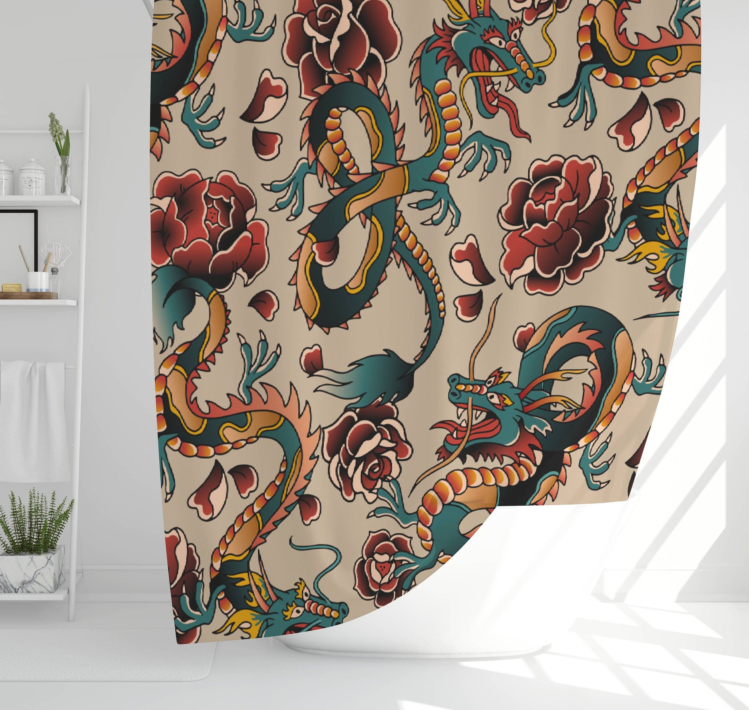 Mythical Dragon Tattoo Shower Curtain with Oriental Home Decor
