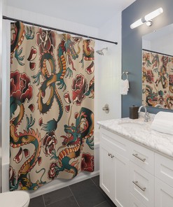 Mythical Dragon Tattoo Shower Curtain with Oriental Home Decor