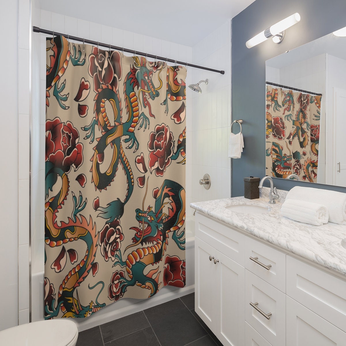 Mythical Dragon Tattoo Shower Curtain with Oriental Home Decor