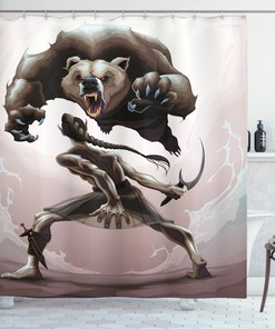 Mythological Scene Concept Shower Curtain With Bear Print, Perfect For Rustic Bathroom Decor
