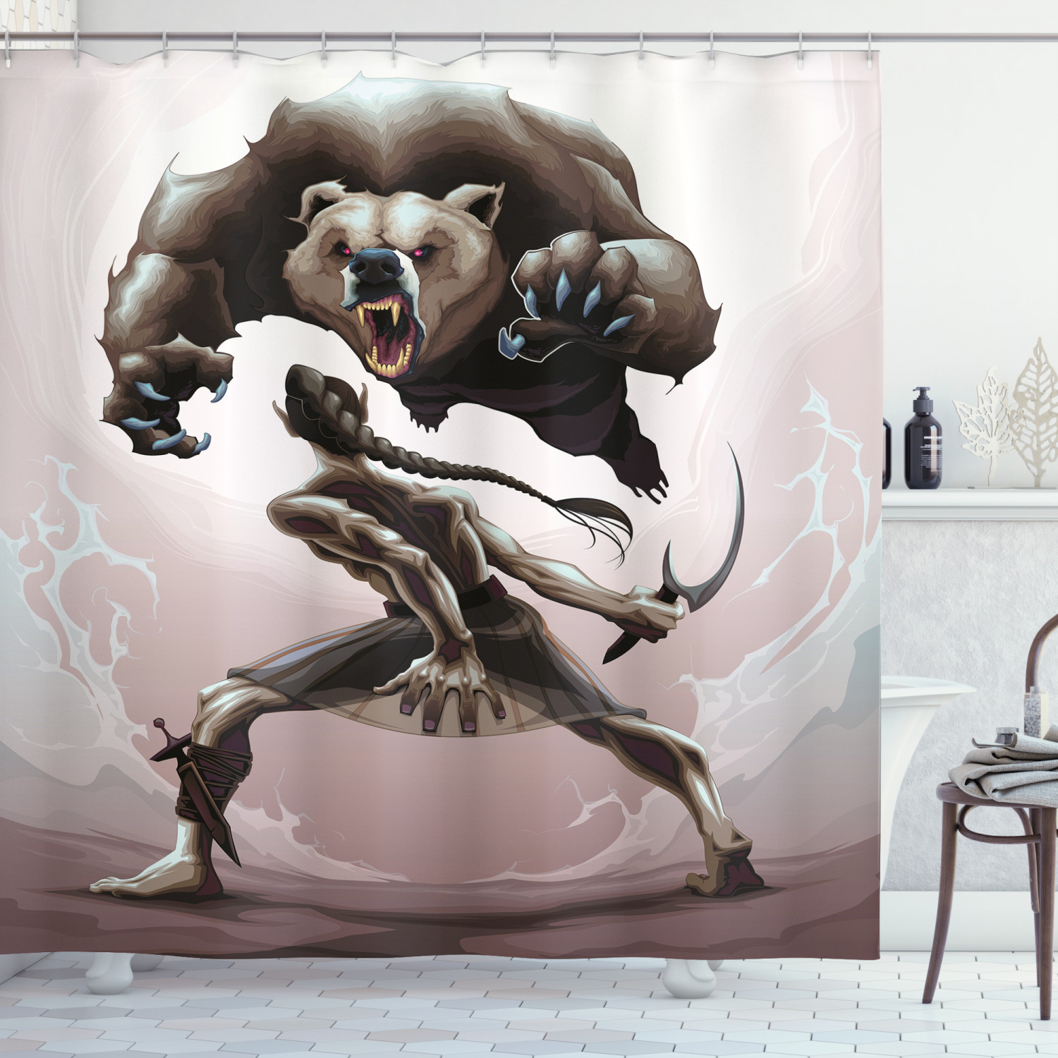 Mythological Scene Concept Shower Curtain With Bear Print, Perfect For Rustic Bathroom Decor