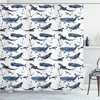 Narwhal and Blue Whales Shower Curtain - Ocean Blue Animal Print Bathroom Decor