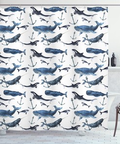 Narwhal and Blue Whales Shower Curtain - Ocean Blue Animal Print Bathroom Decor