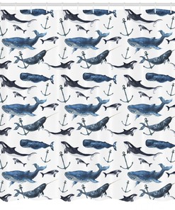 Narwhal and Blue Whales Shower Curtain - Ocean Blue Animal Print Bathroom Decor