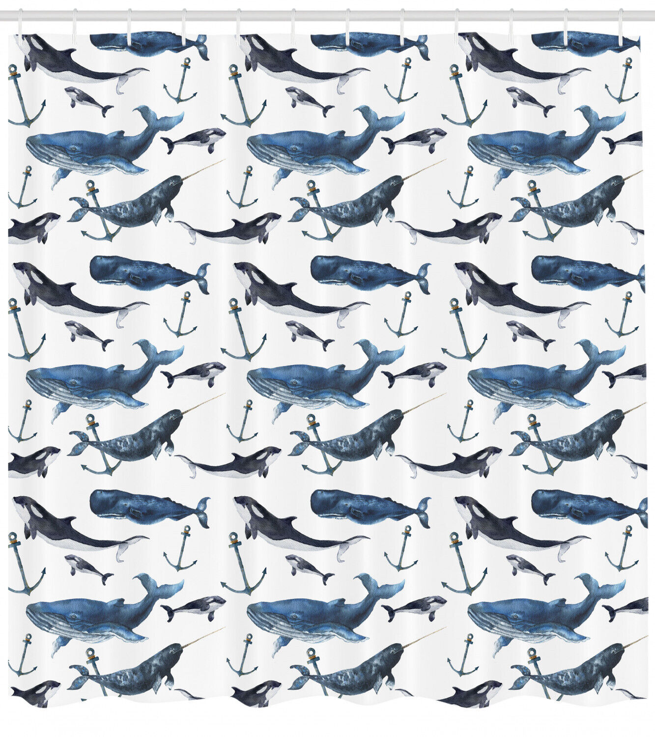 Narwhal and Blue Whales Shower Curtain - Ocean Blue Animal Print Bathroom Decor