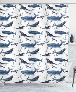 Narwhal and Blue Whales Shower Curtain - Ocean Blue Animal Print Bathroom Decor