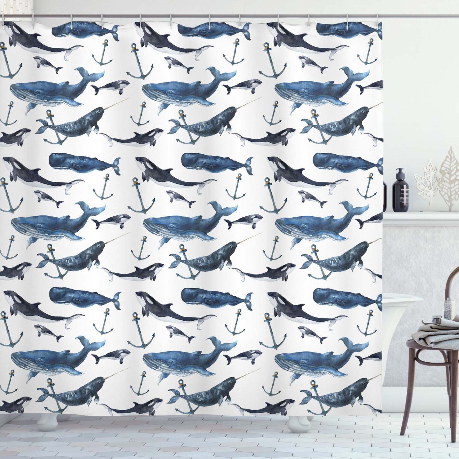 Narwhal and Blue Whales Shower Curtain - Ocean Blue Animal Print Bathroom Decor