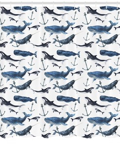 Narwhal and Blue Whales Shower Curtain - Ocean Blue Animal Print Bathroom Decor