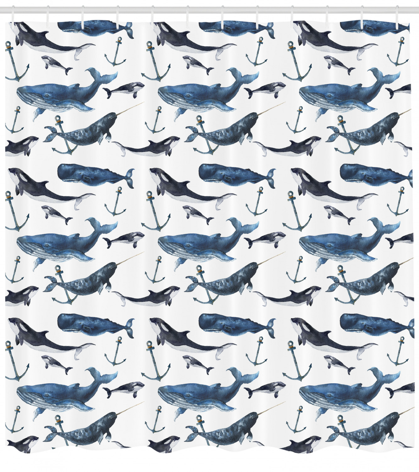 Narwhal and Blue Whales Shower Curtain - Ocean Blue Animal Print Bathroom Decor