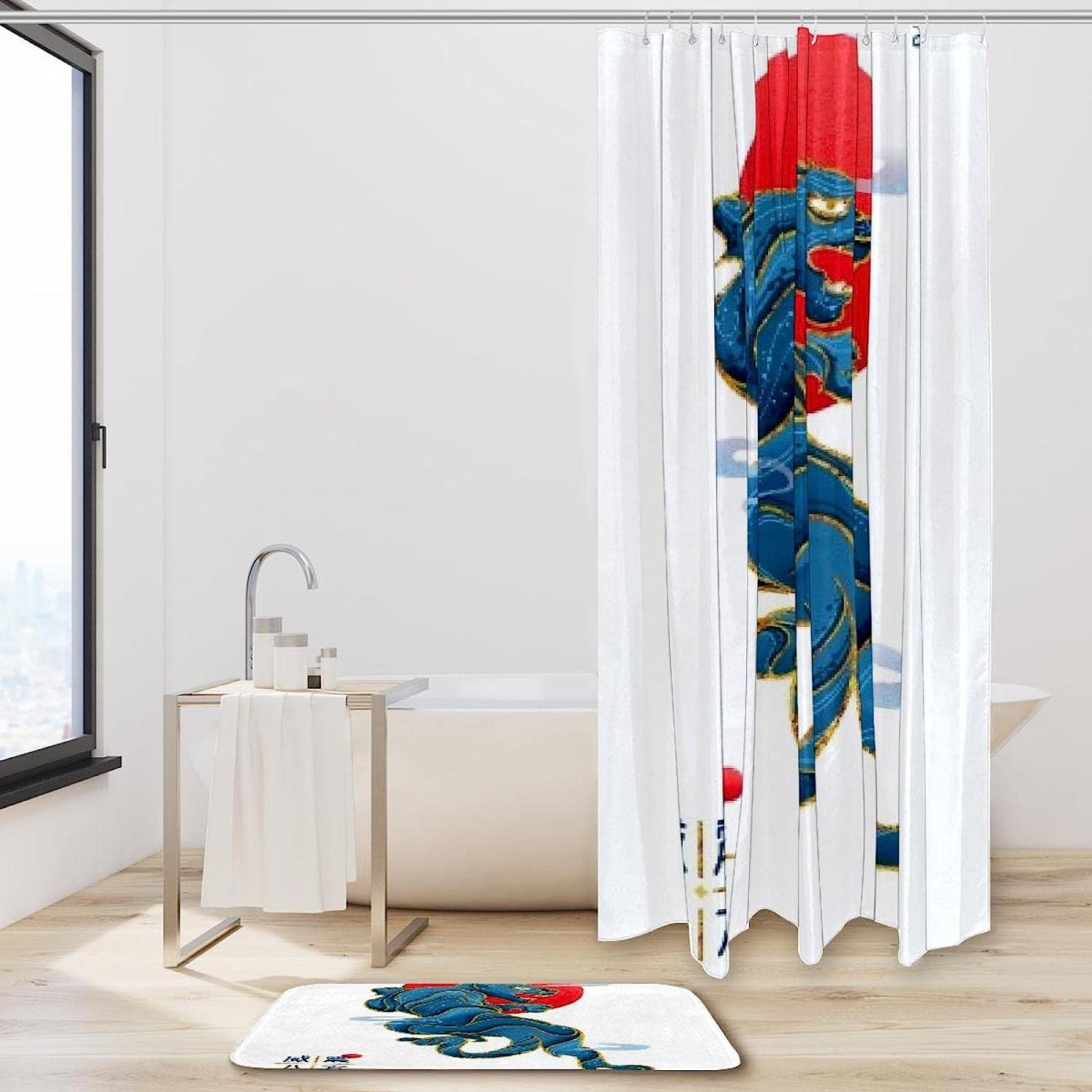 National Tide Blue Leopard Printed Bathroom Tub Set With Waterproof Fabric Shower Curtain - Image 2