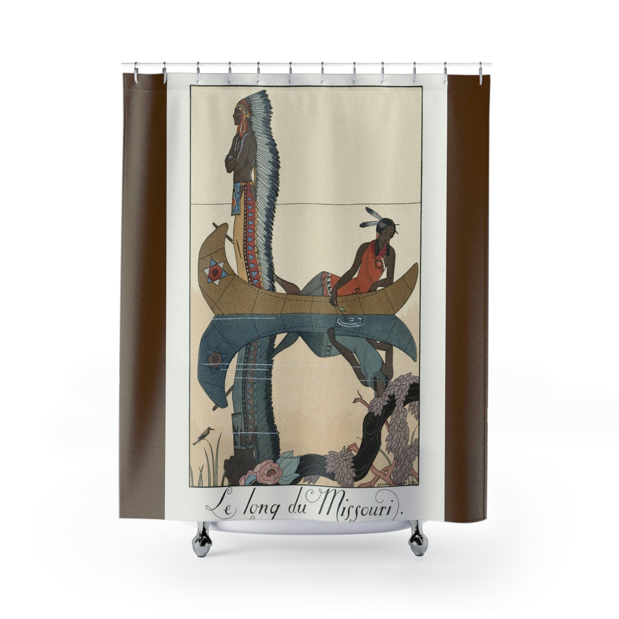 Native American 1923 Canoe River Print Shower Curtain For Cultural Bathroom Decor