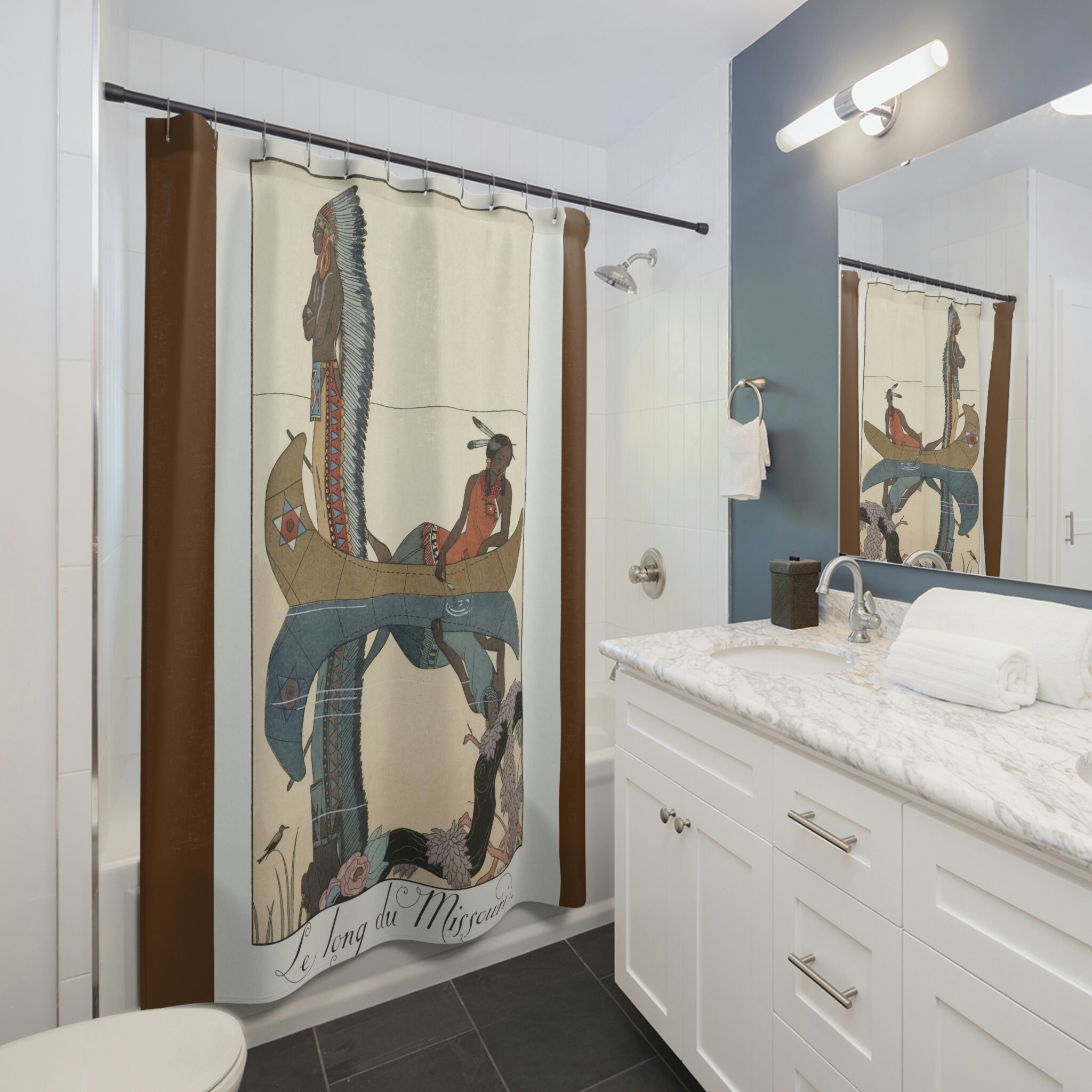 Native American 1923 Canoe River Print Shower Curtain For Cultural Bathroom Decor - Image 2