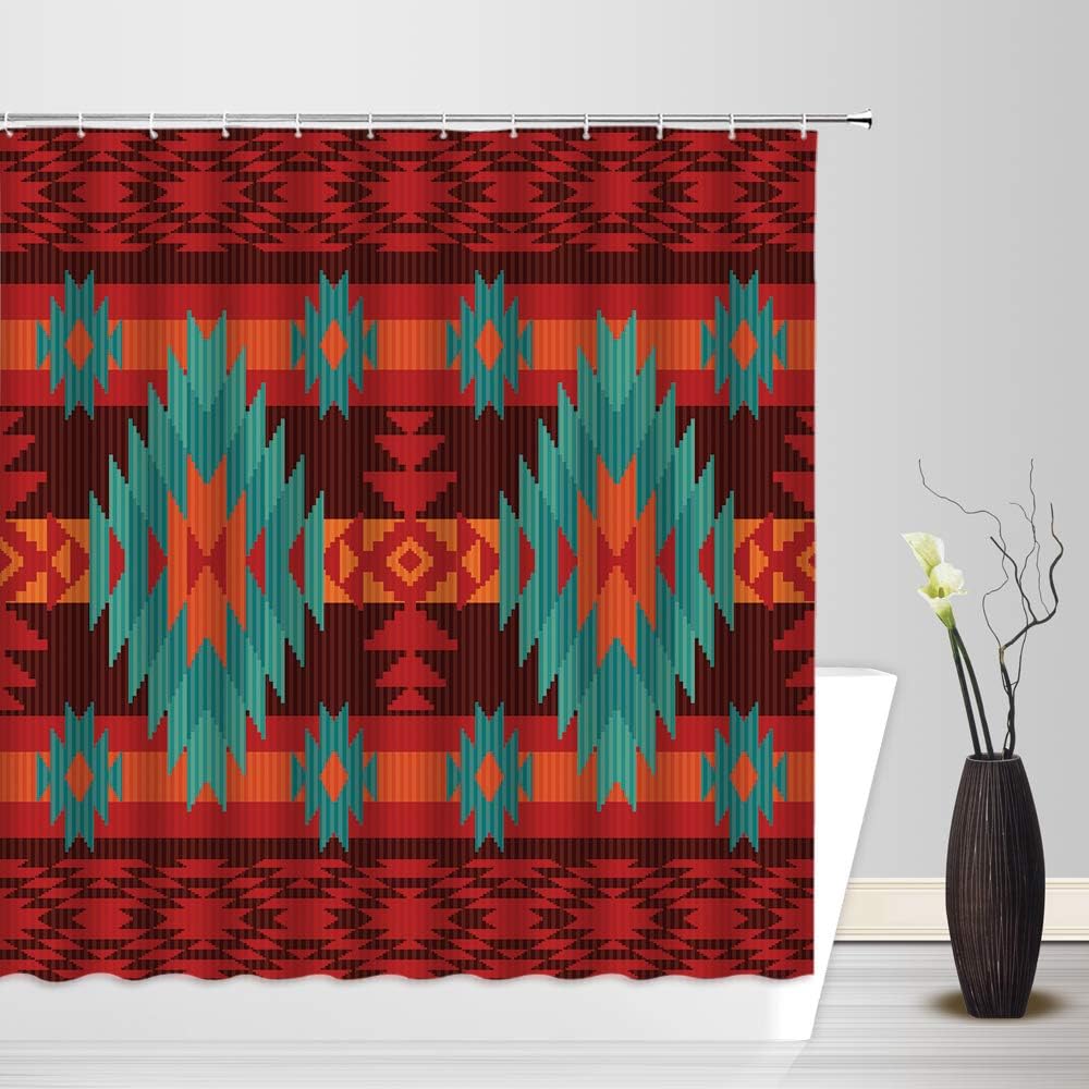Native American Art Shower Curtain - Navajo Aztec Tribal Geometric Boho Retro Bathroom Decor