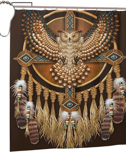 Native American Beadwork Owl Shower Curtain - Tribal Bathroom Decor