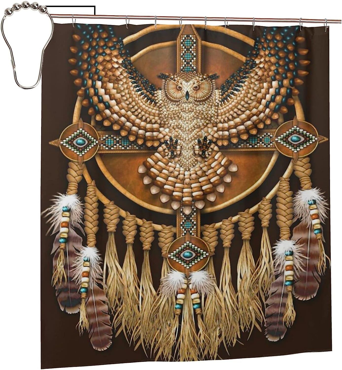 Native American Beadwork Owl Shower Curtain - Tribal Bathroom Decor