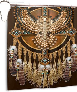 Native American Beadwork Owl Shower Curtain - Tribal Bathroom Decor