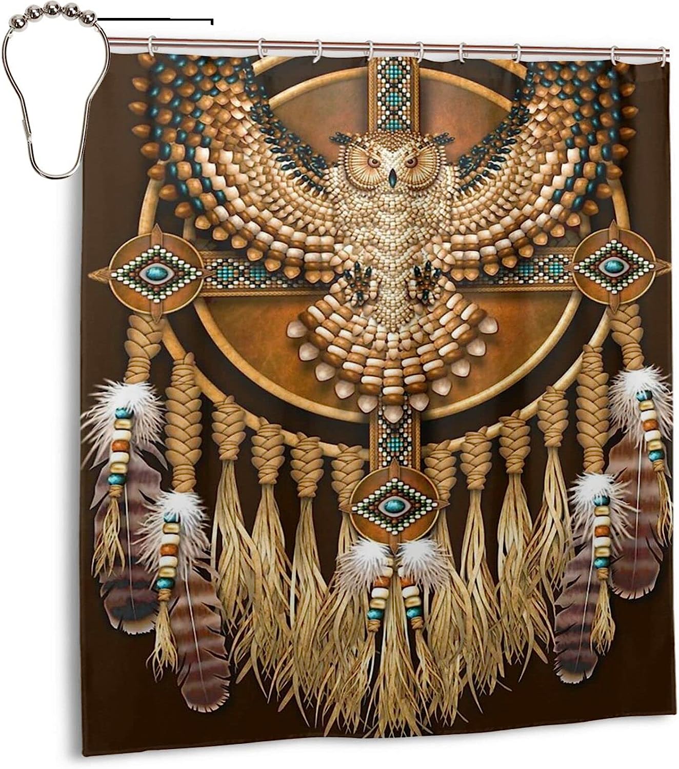 Native American Beadwork Owl Shower Curtain - Tribal Bathroom Decor