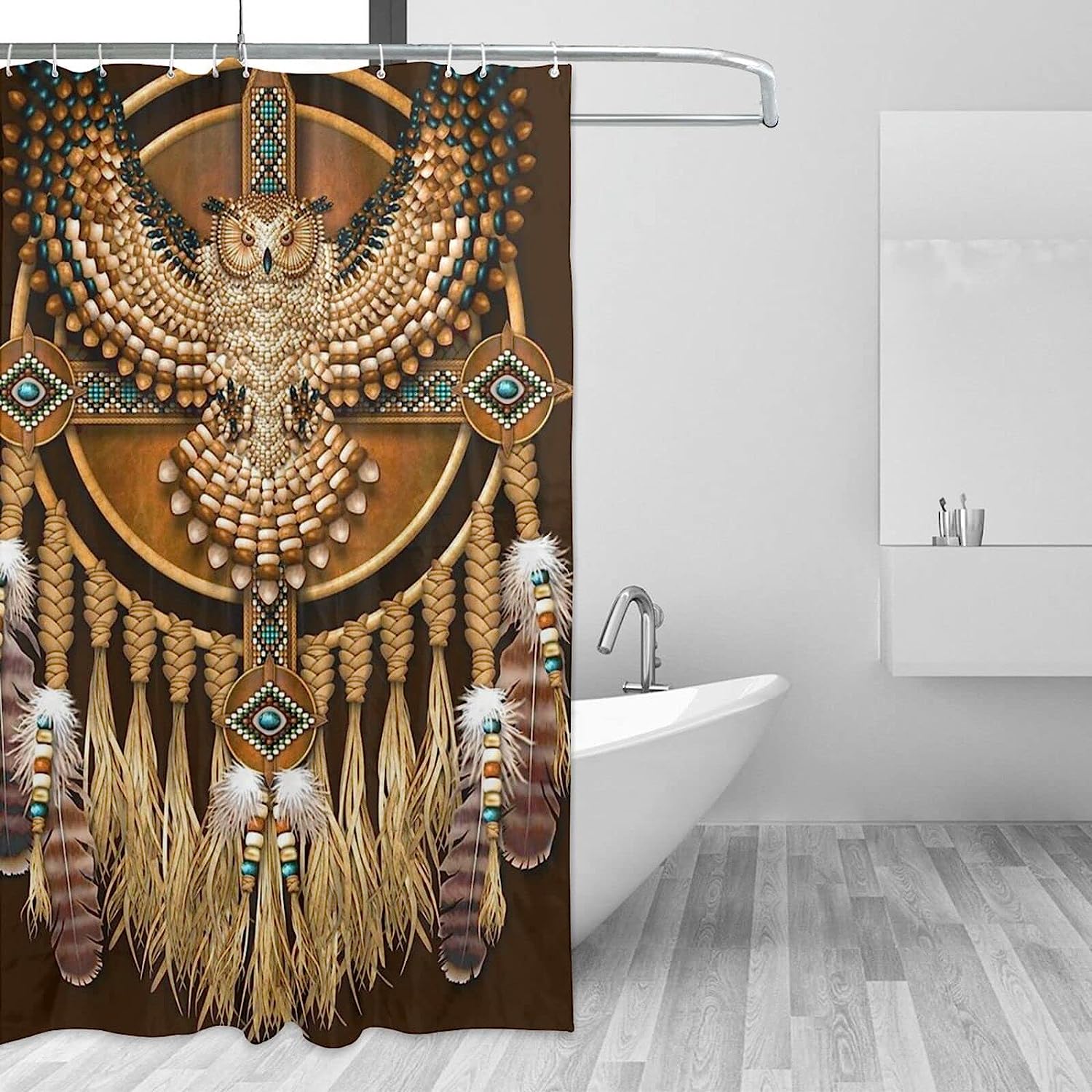 Native American Beadwork Owl Shower Curtain - Tribal Bathroom Decor