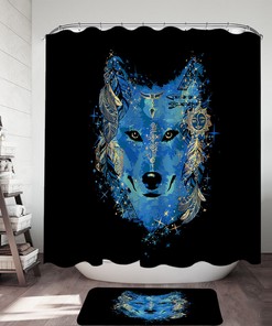 Native American Blue Wolf Shower Curtain - Ethnic Bathroom Accessory