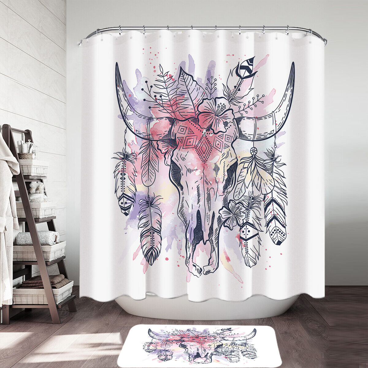 Native American Bull Skull Shower Curtain - Southwest Tribal Bathroom Decor