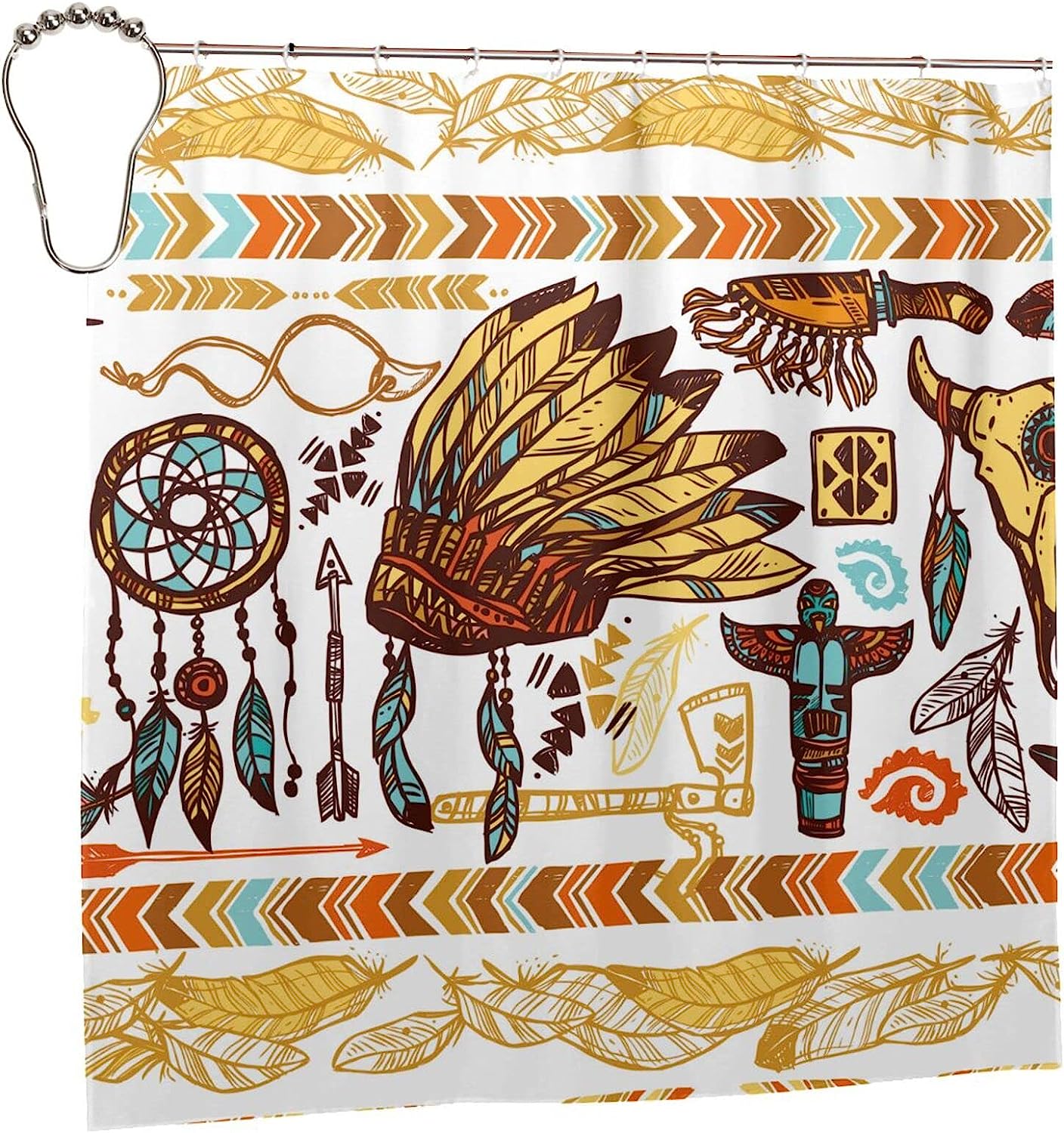 Native American Feather Skull Tribal Shower Curtain - Tribal Bathroom Decor