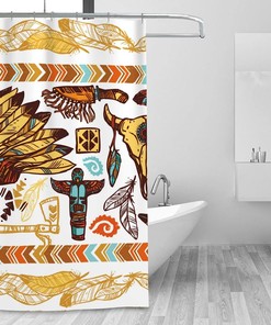 Native American Feather Skull Tribal Shower Curtain - Tribal Bathroom Decor