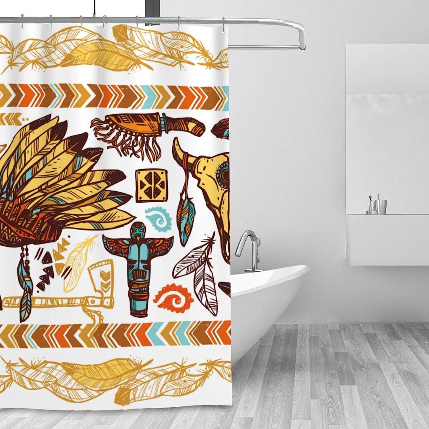 Native American Feather Skull Tribal Shower Curtain - Tribal Bathroom Decor