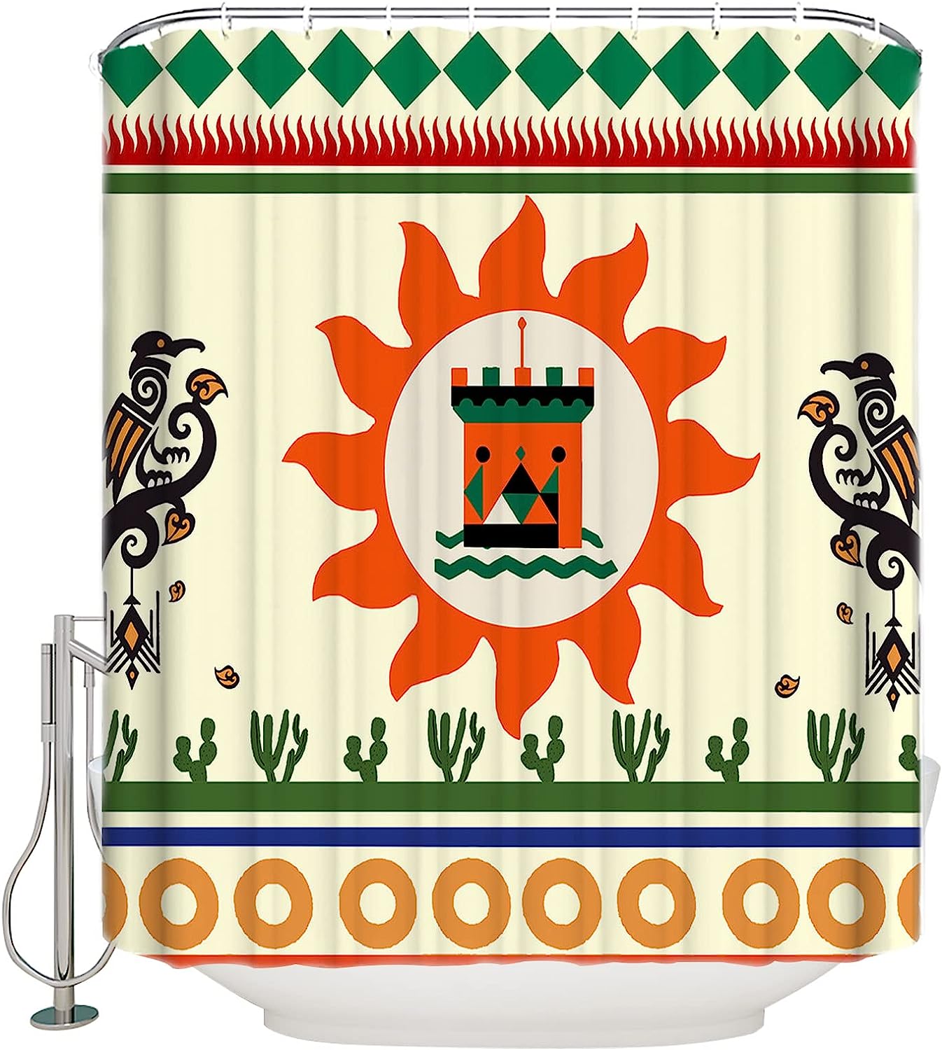 Native American Geometry Sun Bird Bath Shower Curtain for Indian Southwest Bathroom Decor