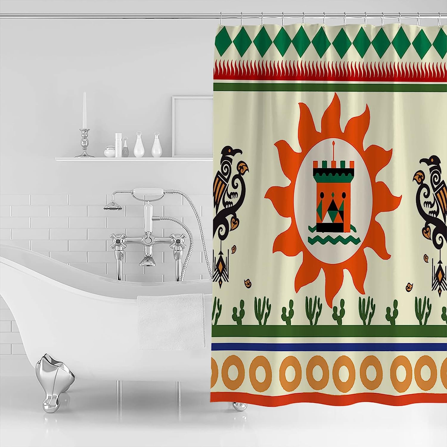 Native American Geometry Sun Bird Bath Shower Curtain for Indian Southwest Bathroom Decor