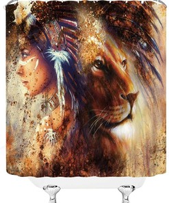 Native American Lion Shower Curtain - Feather Indian Wildlife Bathroom Decor